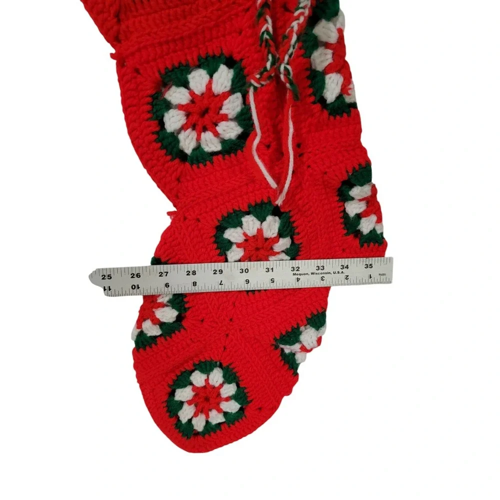 Vintage Crochet Granny Square Christmas Holiday Stocking White Red Green 19